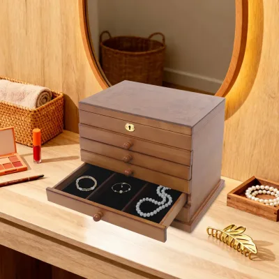 Boîte à bijoux en bois marron, 6 tiroirs et miroir