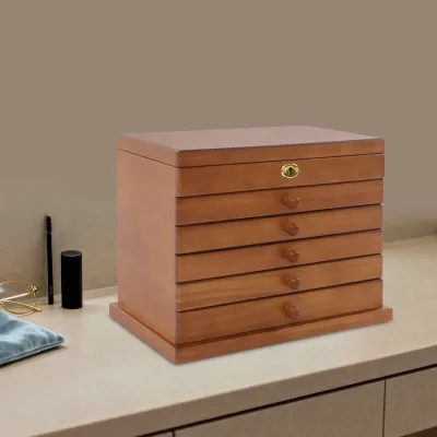 Boîte à bijoux en bois marron, 6 tiroirs et miroir – image 2