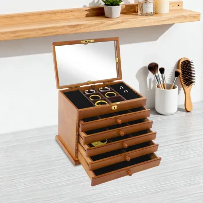 Boîte à bijoux en bois marron, 6 tiroirs et miroir – image 3