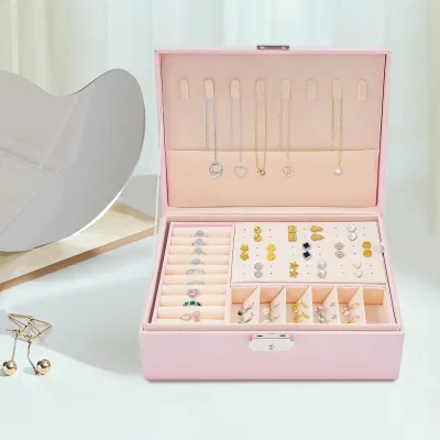 Boîte à bijoux rose à deux niveaux avec serrure – image 2