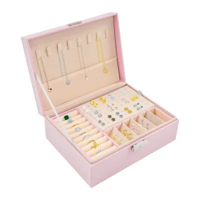 Boîte à bijoux rose à deux niveaux avec serrure – image 3