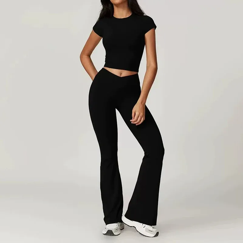 Pantalon évasé de yoga femme, taille mi-haute